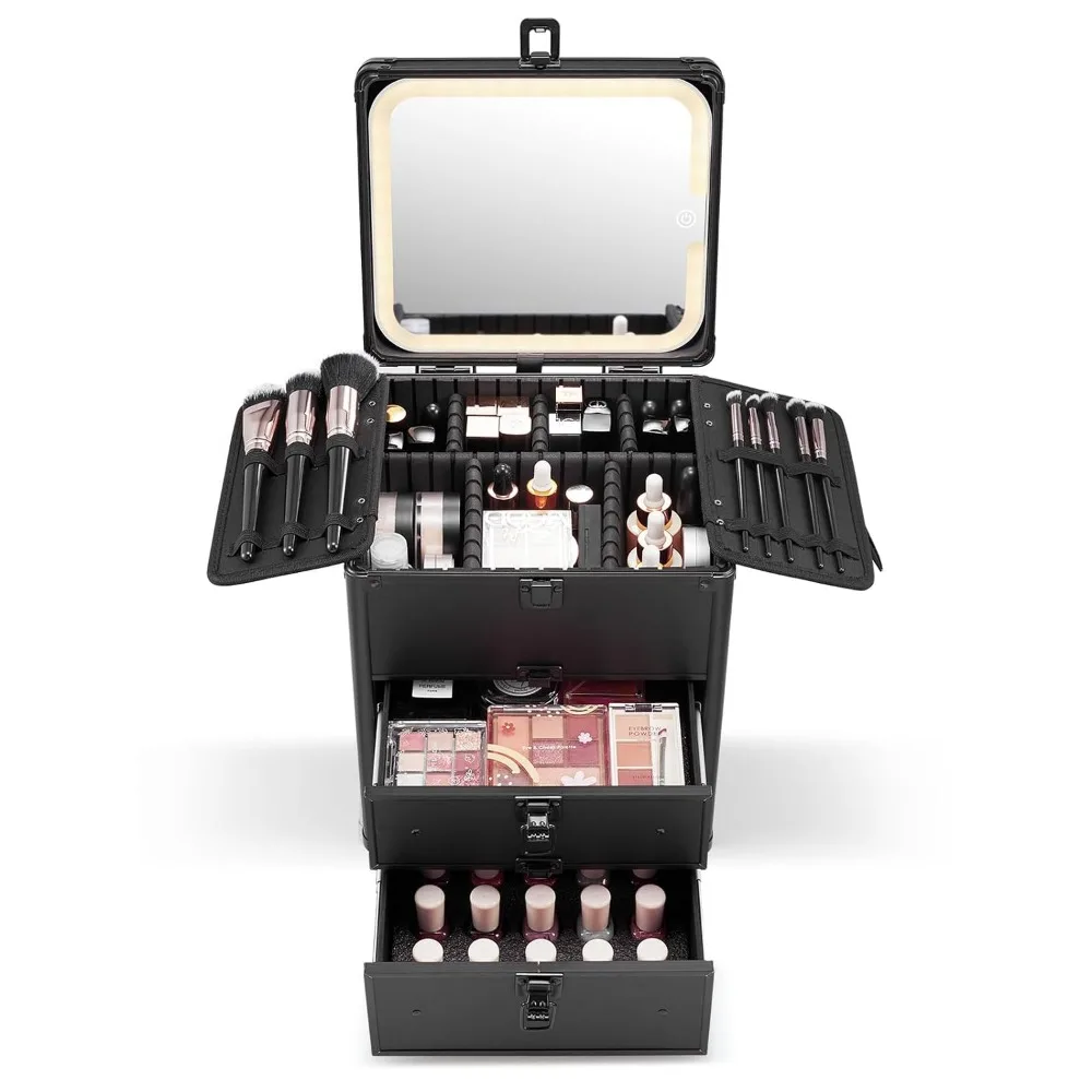 

Double Drawer Makeup Box with Detachable LED Mirror, Waterproof Travel Case and Adjustable Dividers in Black