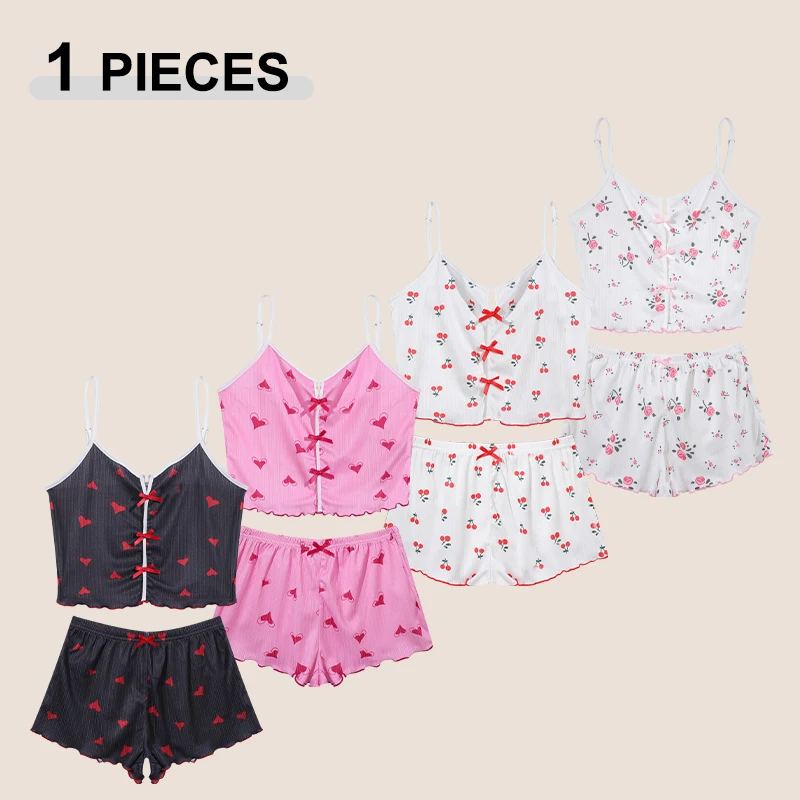 Set pigiama estivo senza maniche con stampa per le donne Set pigiama con scollo a V sexy femminile con scollo a V con fiocco a forma di cuore di ciliegia