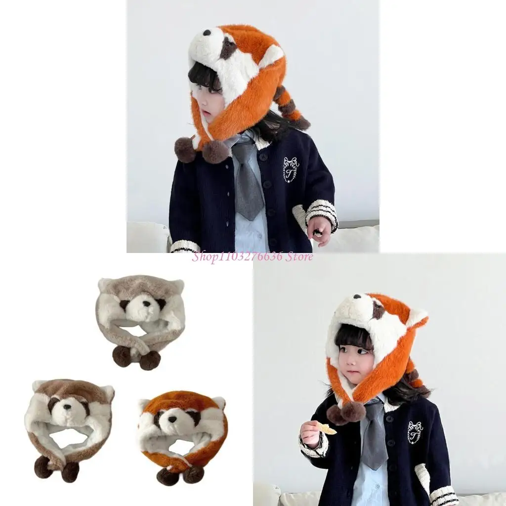 

R6FD Winter Warm Caps Lovely Lesser Panda Hat Windproof Ear Caps for Outdoor Traveling Skiing Children Soft Hat