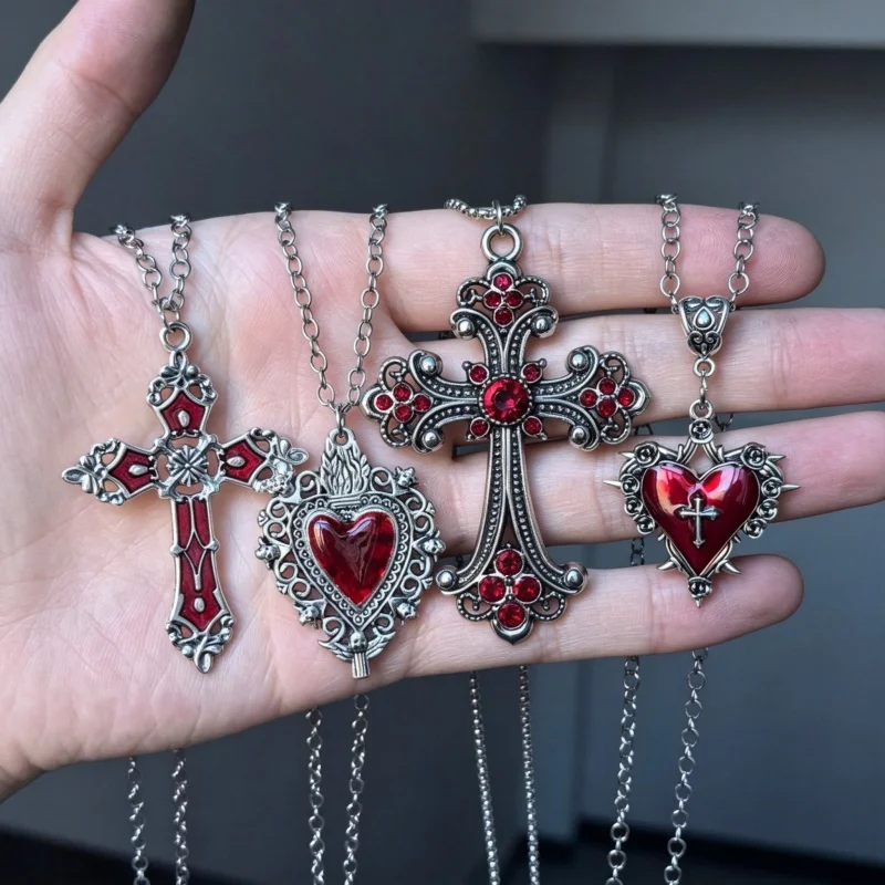 Retro Mystical Style Flame, Thorn Heart & Ornate Cross Pendant Necklace, Unisex Jewelry for Daily Wear & Subculture Party Gift