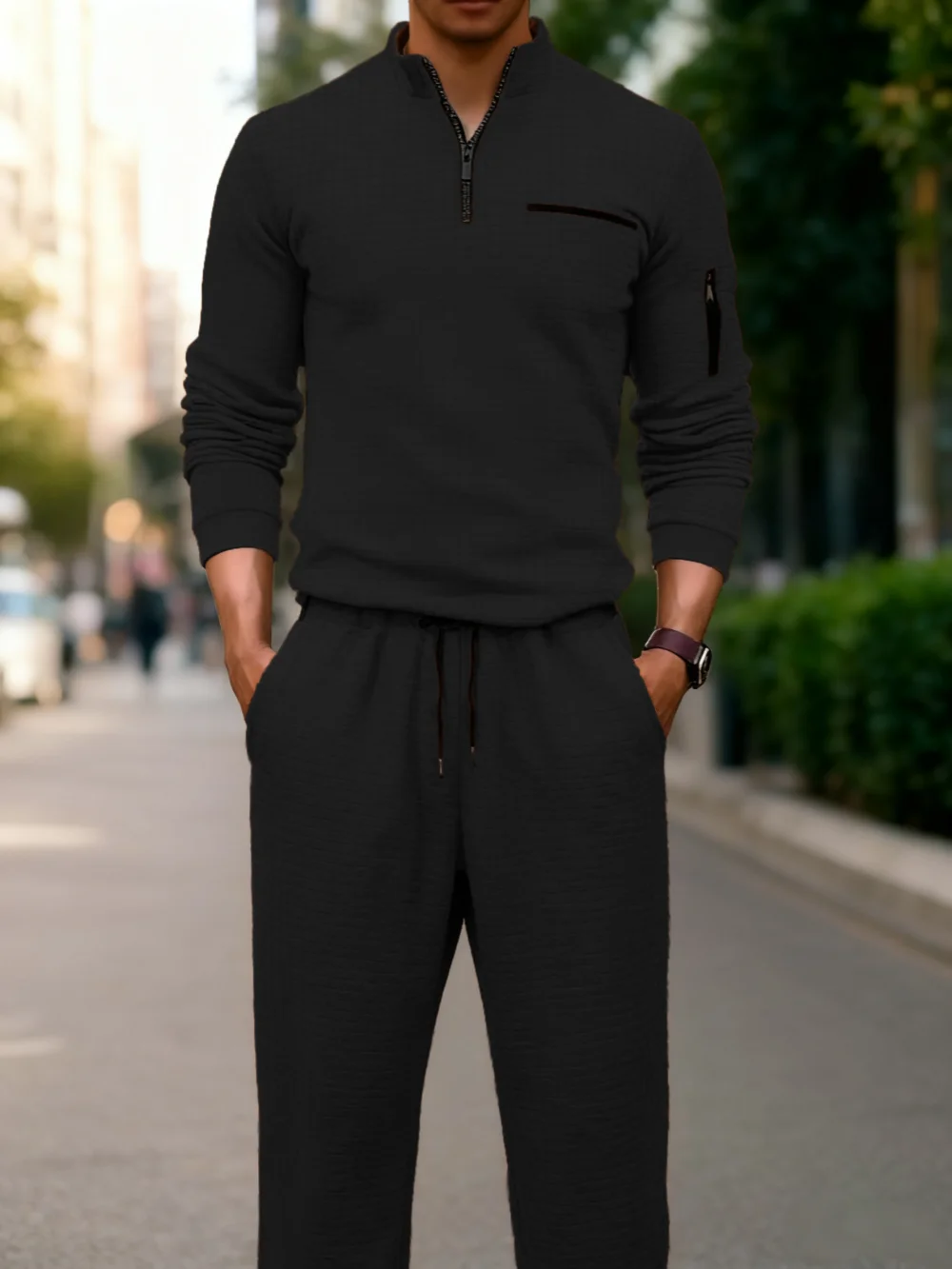 

Новый мужской однотонный костюм весна-осень с клетчатым дизайном, застежкой-молнией на половину и застежкой на руку, повседневная и спортивная одежда.