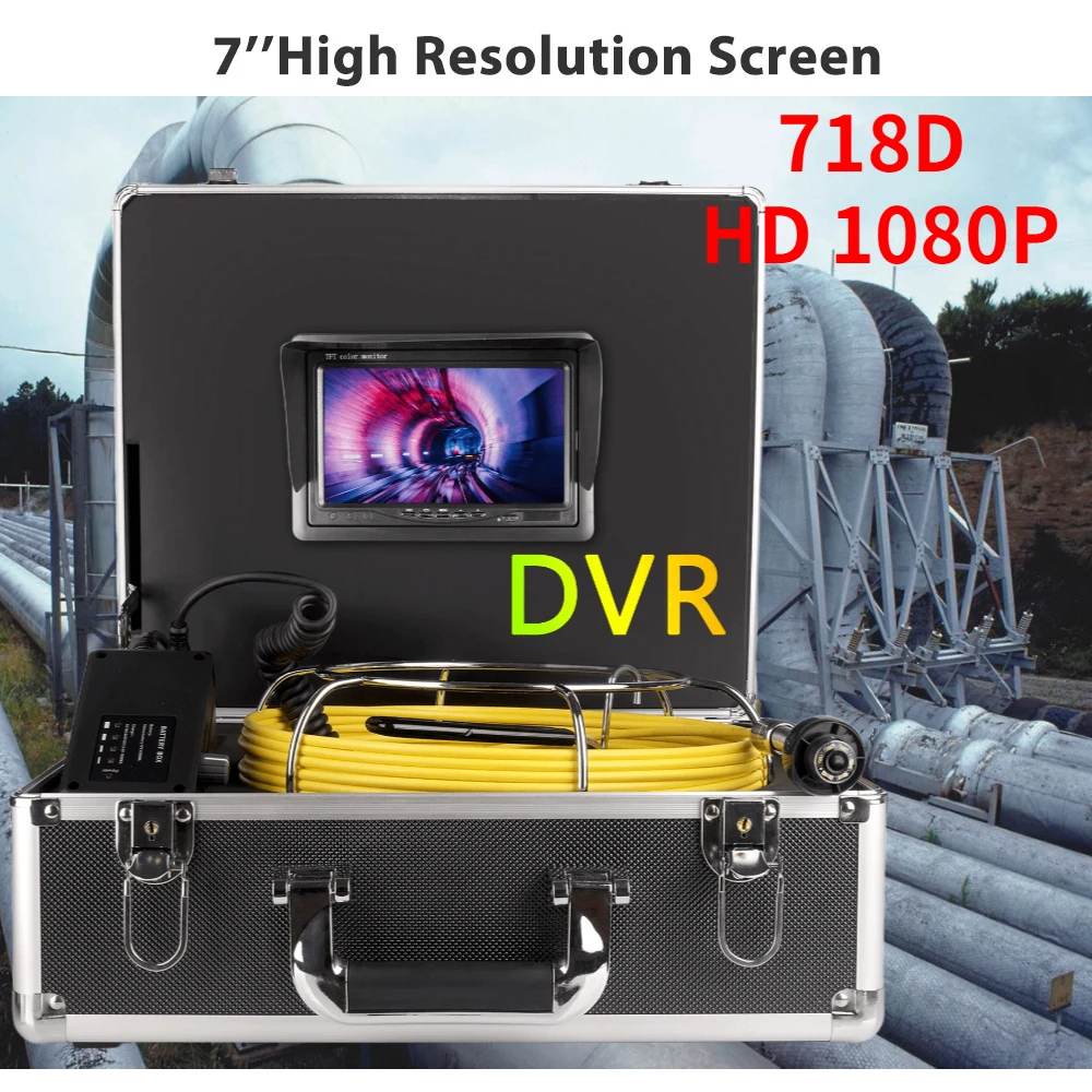 718D VEVOR Pipe Inspection Video Camera 7inch Monitor 8GB SD Card 18mm Waterproof IP68 Drain Sewer Duct Industrial Endoscope