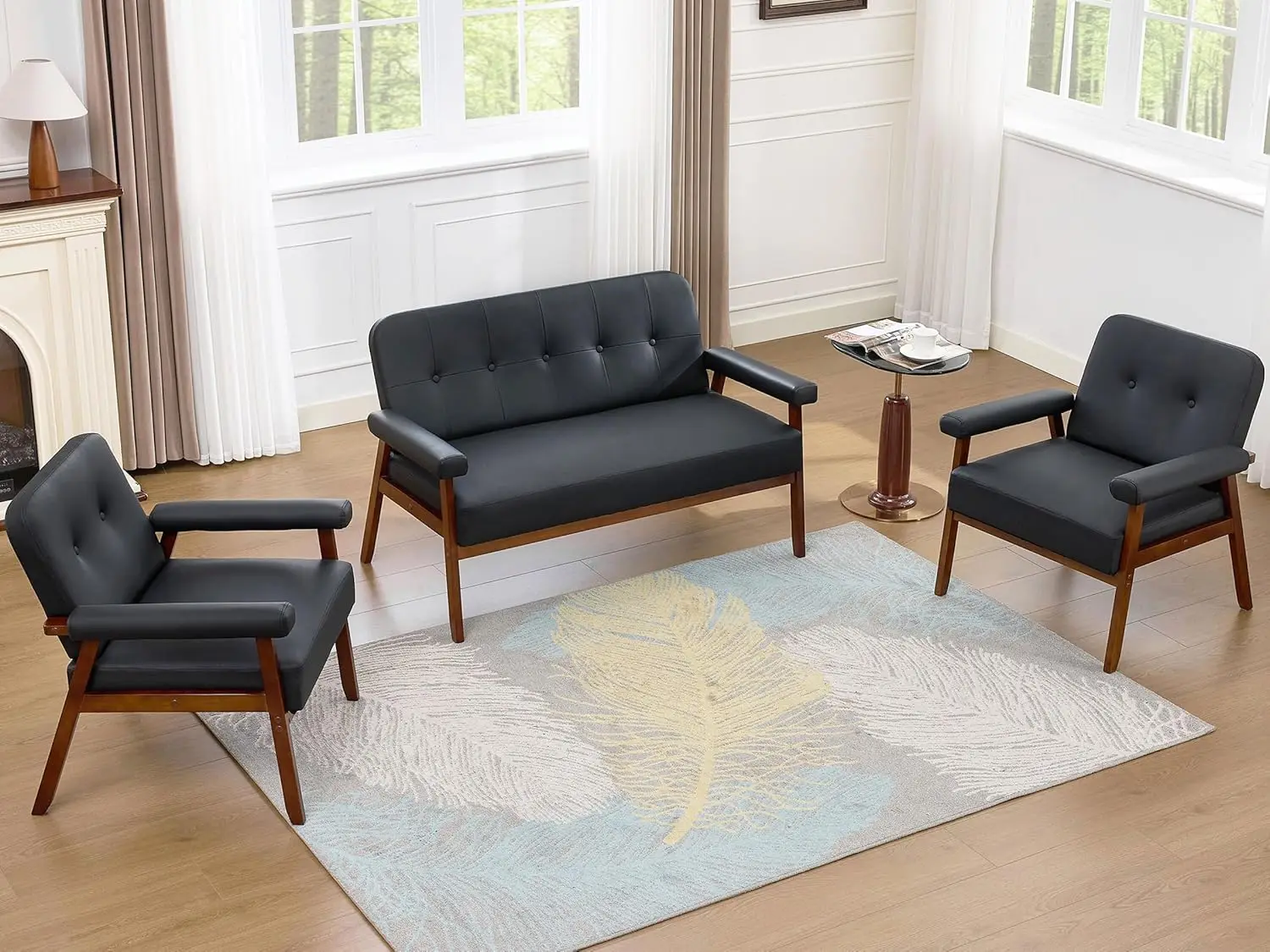 Black Leather Love seat Sofa and Accent Chairs, Mid-Century Modern Office Furniture LoveSeat Couch and Chair Set, Small, Custom