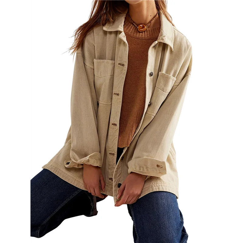 ABRT-Women's City Denim Jacket-Long Sleeve Oversized Boyfriend Style Jean Jacket With Button Up Front