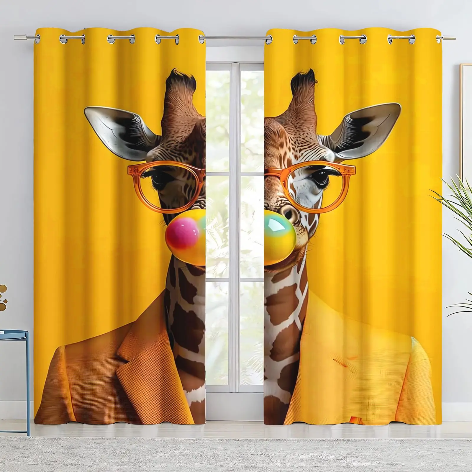 Cute Dog Giraffe Cat Blowing Bubble Gum Window Curtains 2 Panels Background Home Bedroom Blackout Drapes Room Decor