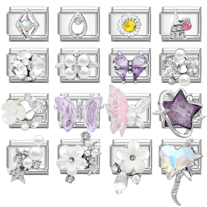 Novo vintage glitter sol flor tulipa borboleta amor italiano charme links caber 9mm pulseira de aço inoxidável meninas diy fazendo presente