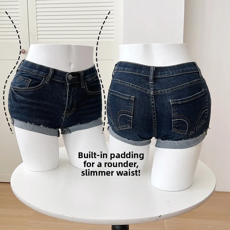 Low Waist High Elastic Denim Shorts Women's Fashionable Slim Fit Tight Shorts Korean Style Cotton Blend with Zipper Closure