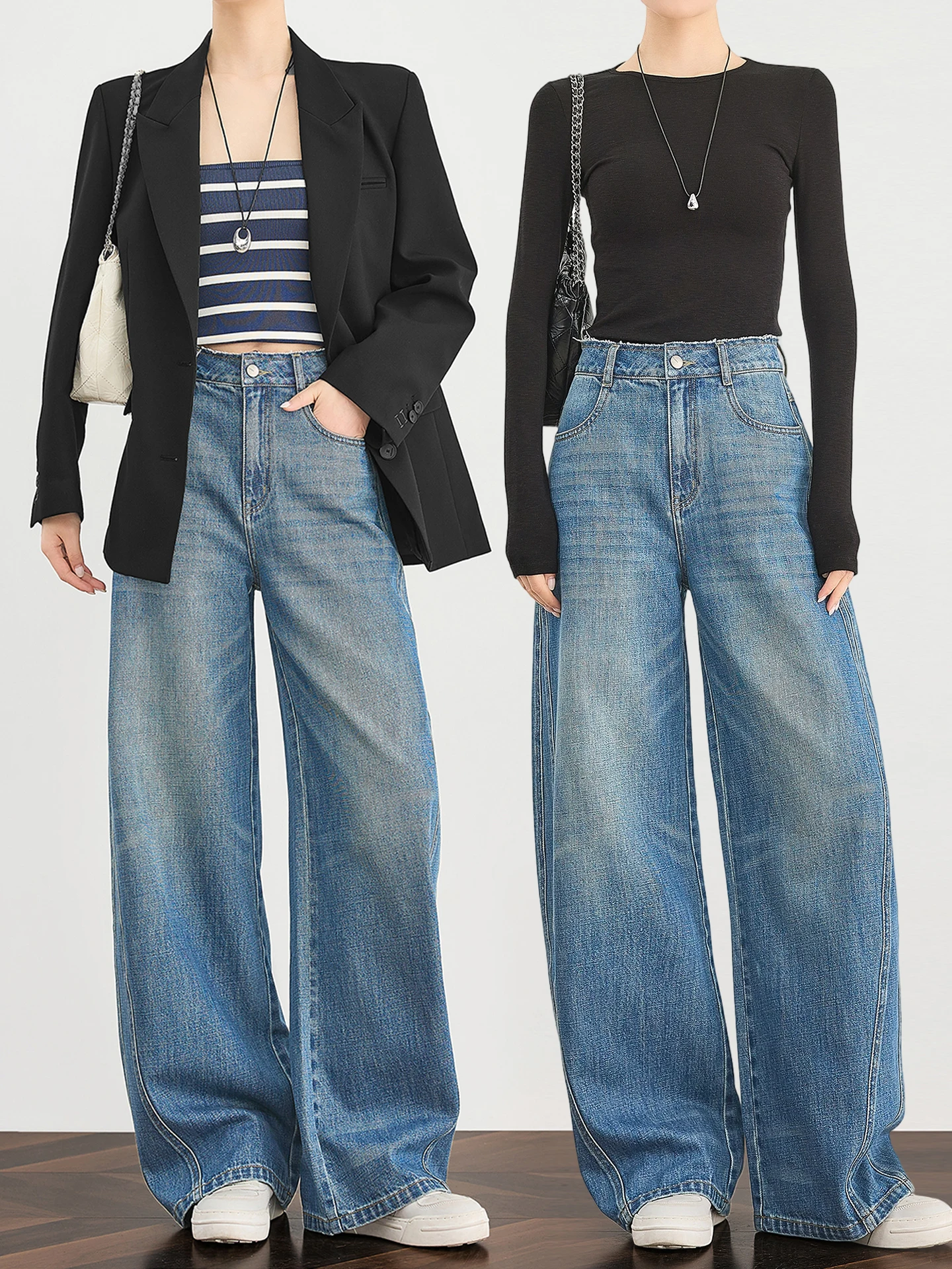 

Retro Sle High Waist Draped Cotton Wide Leg Jeans Women's Spring Autumn Banana aped Jeans Casual Comfortable Wear Resistant