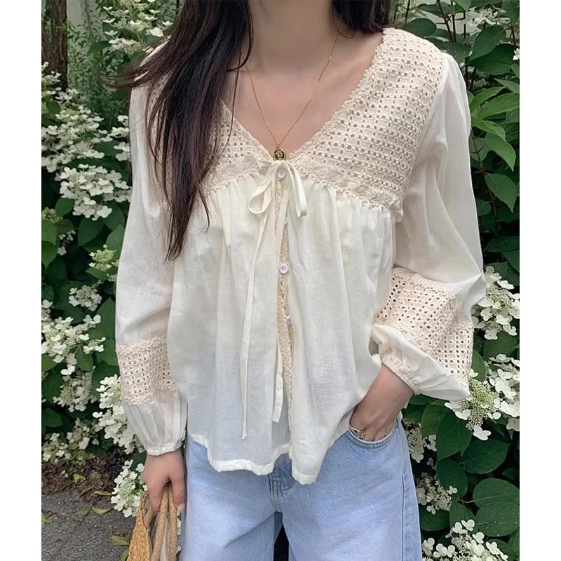 Sweet Chic V-Ne Scava fuori Lace Trim Bubble Sve irt Top da donna Primavera New Sle Loose Fit Lungo Sve Fibra di poliestere
