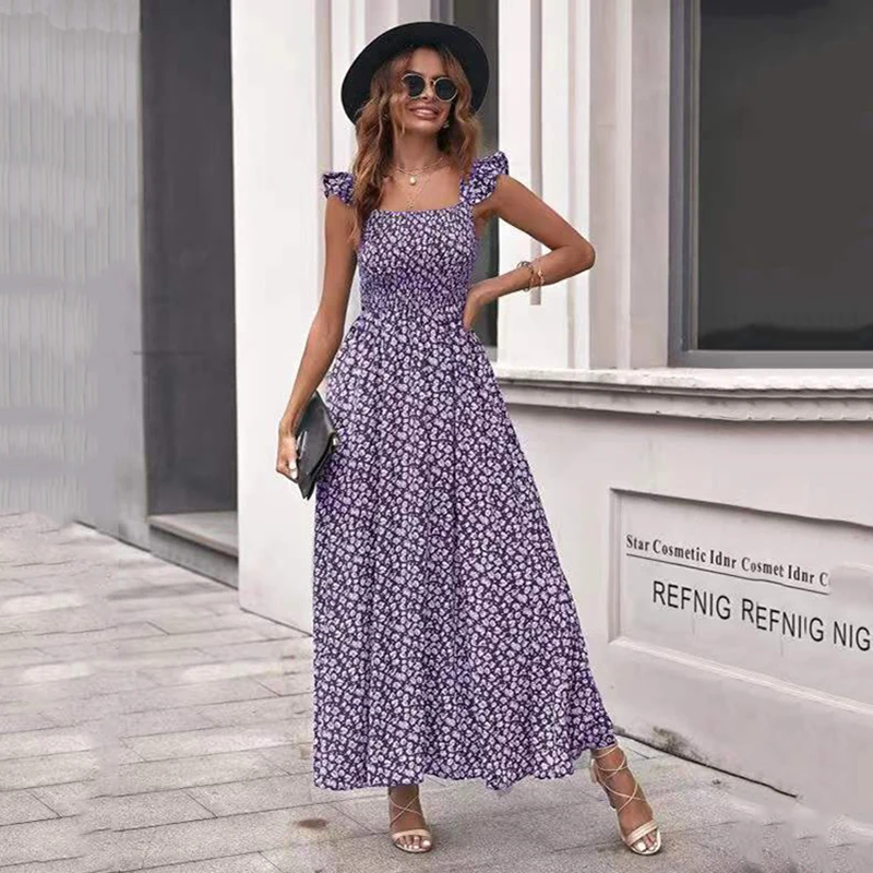 Đầm In Hoa Xù Tay Đi Biển Mùa Hè Ngọt Đầm Áo Bohemian Hoa Đầm Maxi Dài Đầm Vestidos