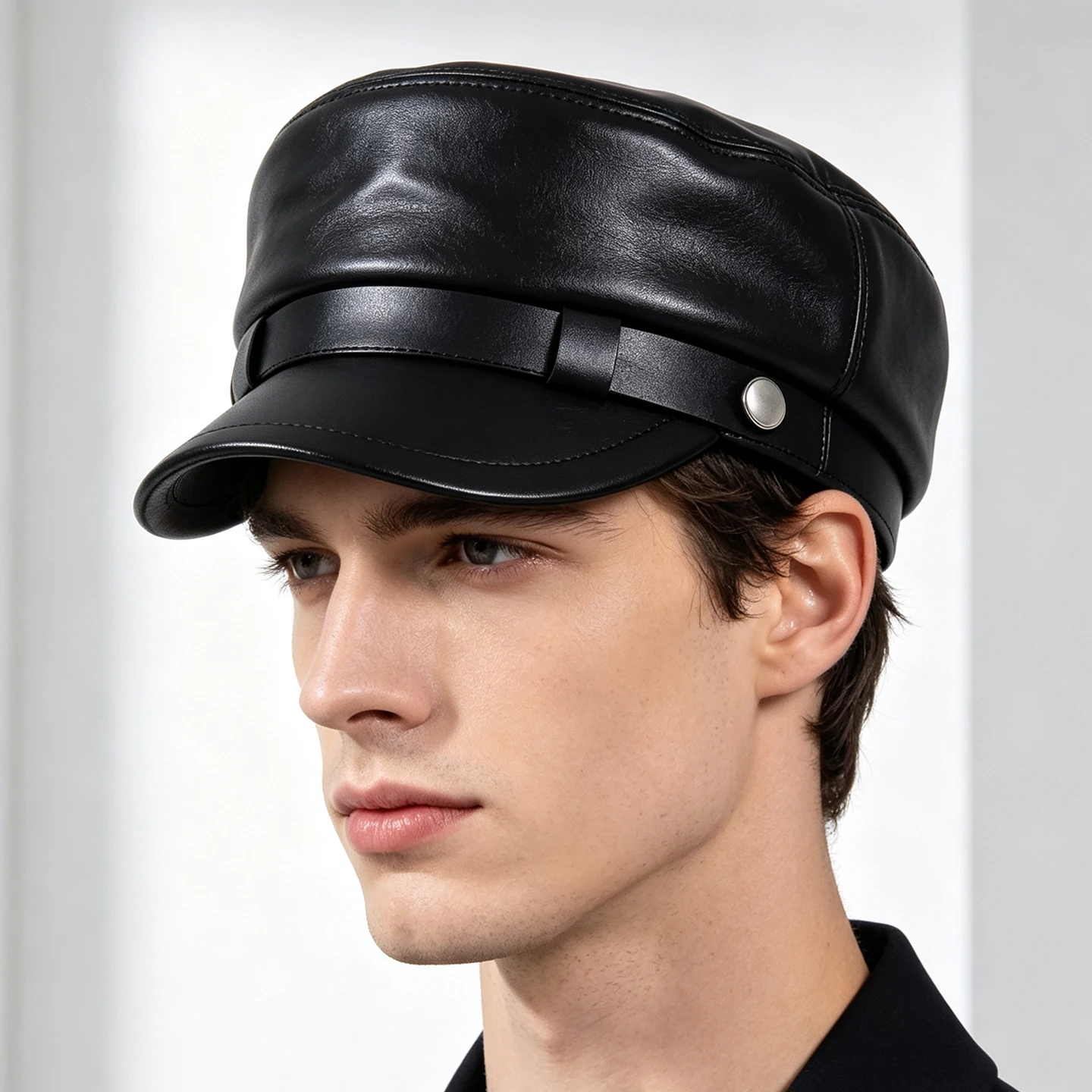 Women's Men's Genuine leather Black Unisex Leisure cap Military Newsboy Flat Hats/Caps