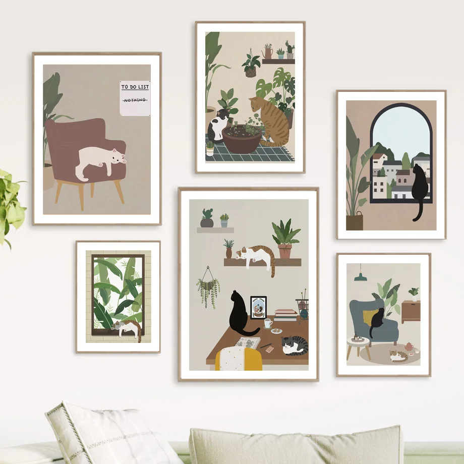 Boho Cat Wall Art Cute Kitten Home Interior Print Plant Neutral Aesthetic Canvas Posters Modern Cat Lover Living Room Home Decor