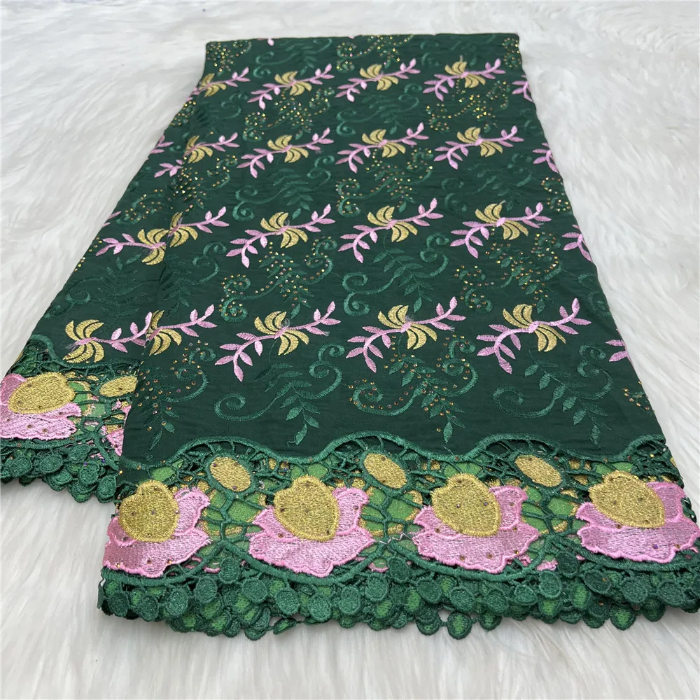 

Latest Fashion Green Swiss Voile Lace With Stones Hot Sale African Embroidered 100% Cotton Lace Fabric For Dress 5Yards 23A102