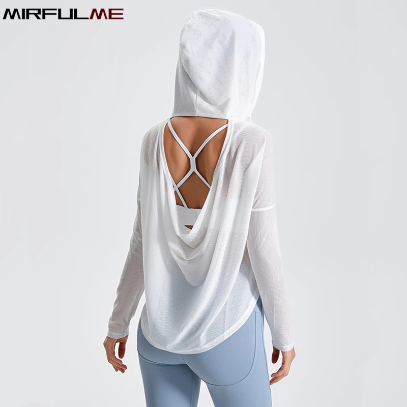 Women Sport Hoodies Loose Thin Breathable Yoga Shirts Long Sleeves Running Sweatshirts Back Hollow Out Gym Fitness Hooded Tops