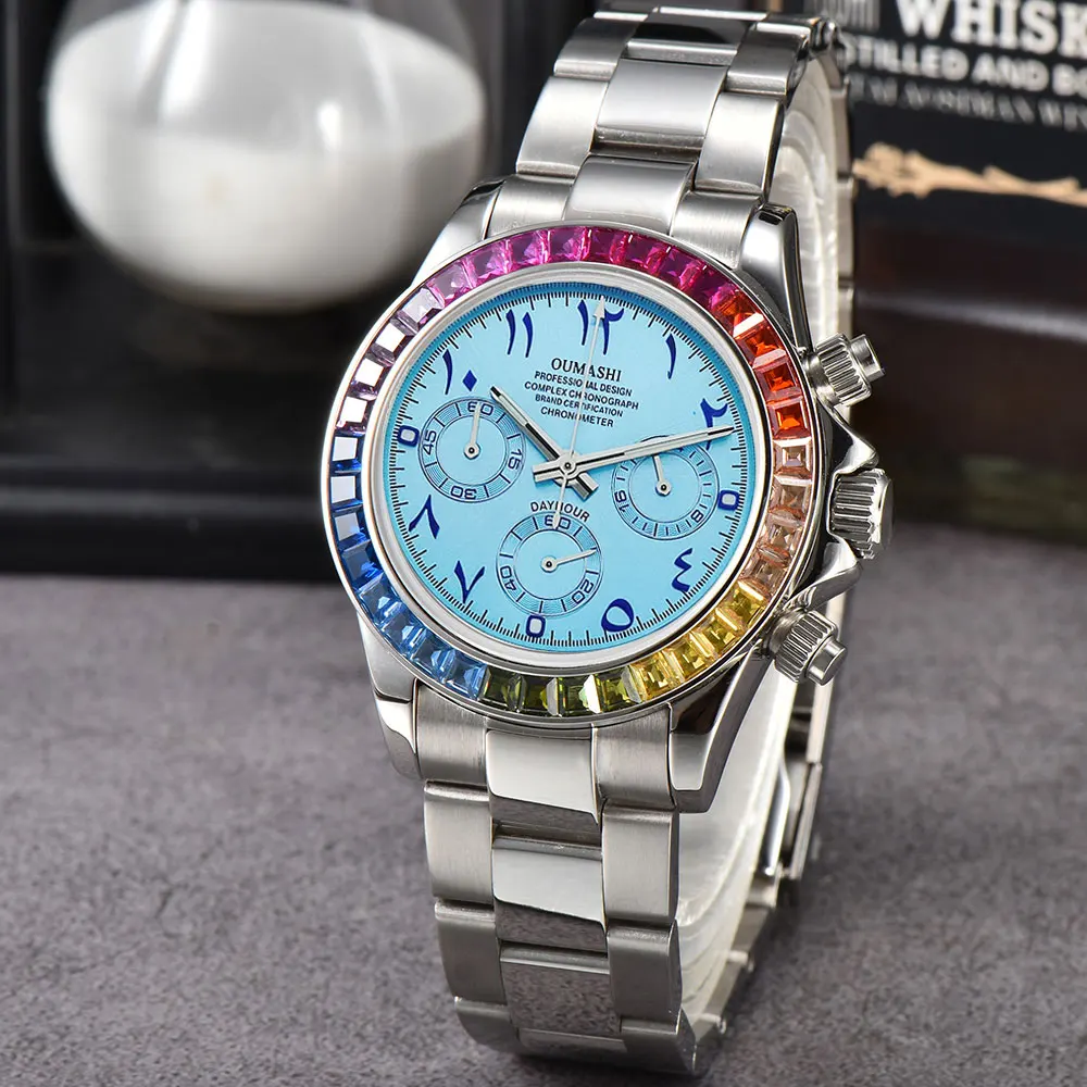 VK63 watch Rainbow Bezel Sport Watch Men Arabic Quartz Stainless Steel 10ATM Waterproof Mens Watch VK63 Sapphire Chronograph
