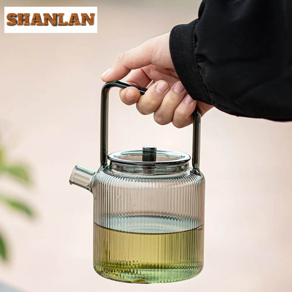 550ml Vertical Pattern Glass Teapot Green Tea Brewing Loop-handled Pot Transparent Cold Soaking Kettle Teapots to Boil Water Pot