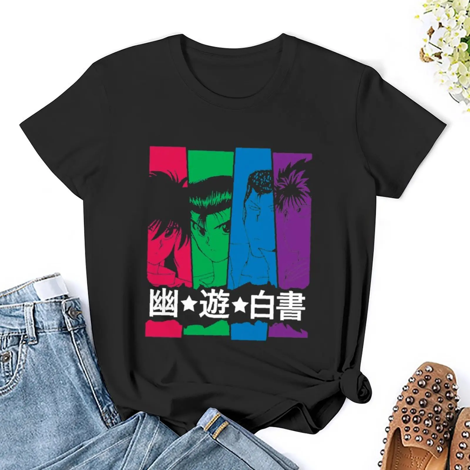 Yuyuhakusho T-Shirt Blacks Vintage Kleding Sneldrogende Dierenprint Kattenshirts Voor Vrouwen