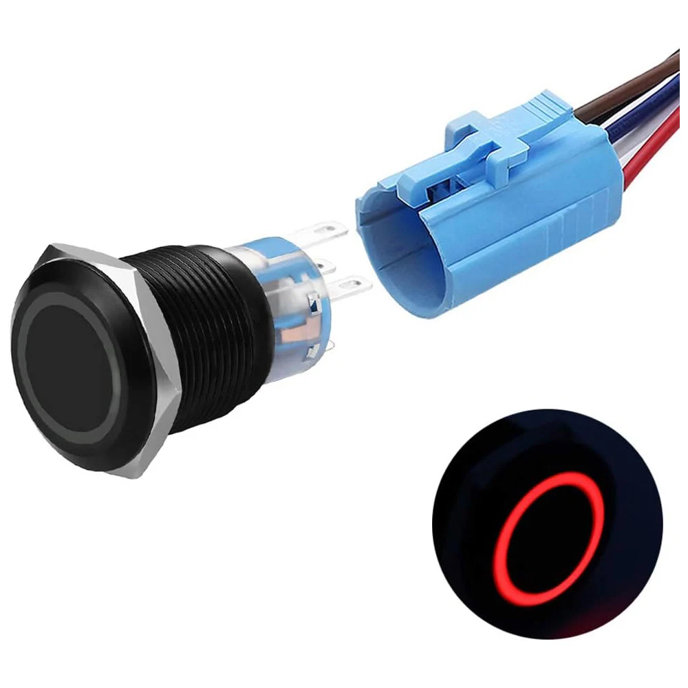 19mm Verriegelbare Drucktastenschalter SPDT EIN/AUS Wasserdicht Schwarz Metall 12V Ring-LED mit Kabelstecker