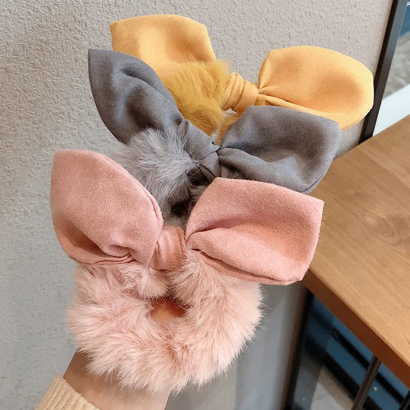 Solid Color Hair Scrunchies Women  Hairband Ponytail Holder Faux Fur Rabbit Ears Hair Rope Hair Ties Cute Girls Hair Accessories