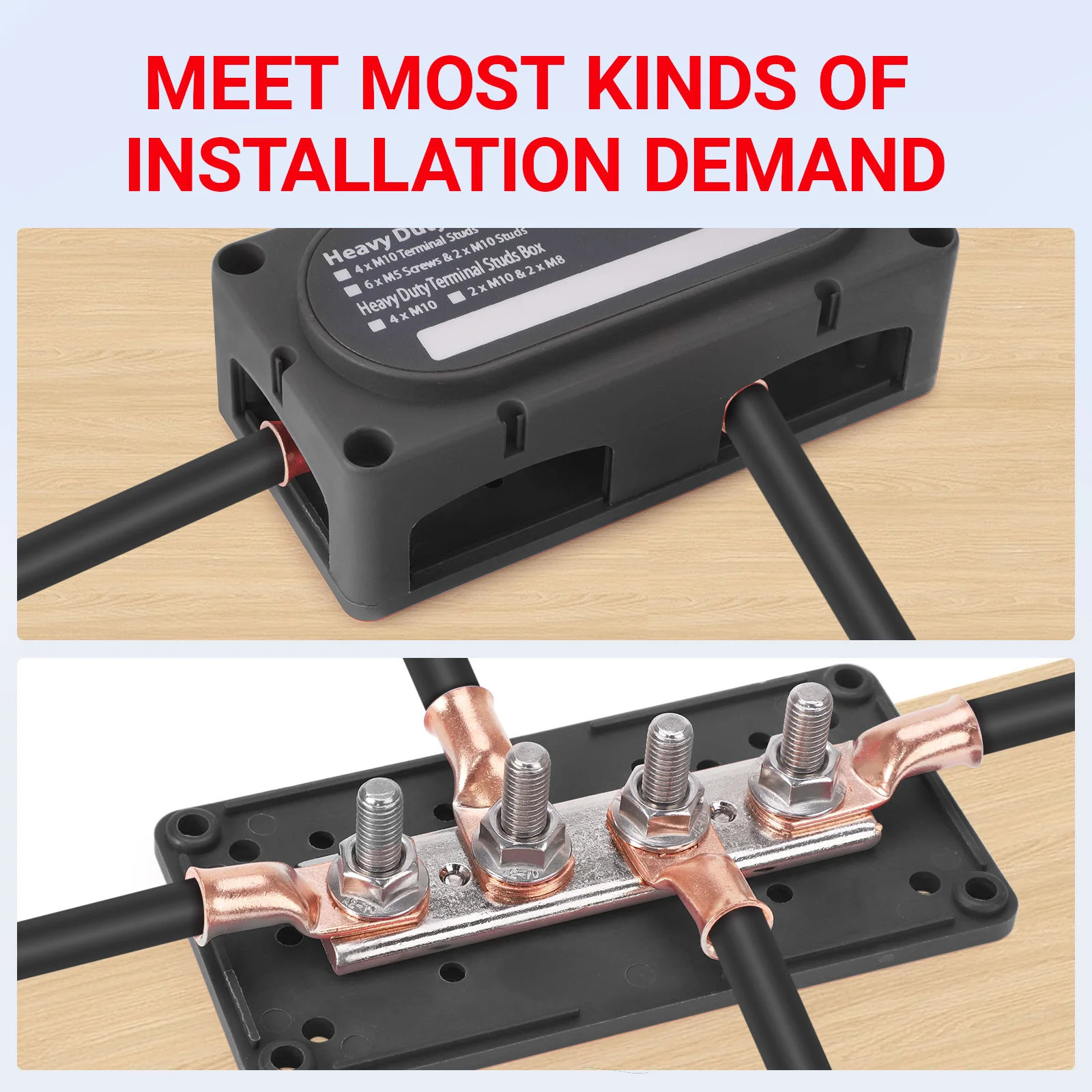 Picture 4: Bus Bar Power Distribution Block 12-48V Red Copper Nickel Nylon M6 M8 M10 For Truck Boat Marine Single Row 4 Studs Heavy Duty