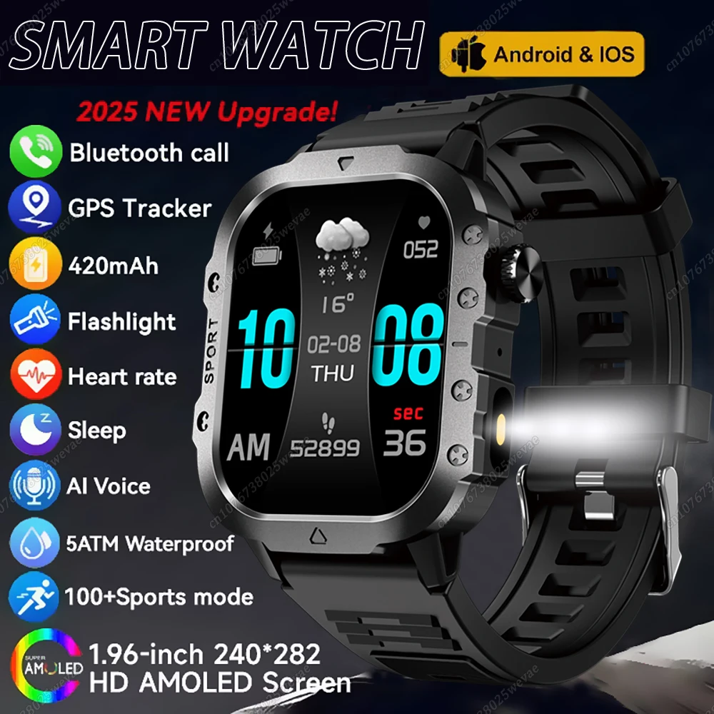 

Rugged Military Outdoor Sports Smart Watch Health Monitoring Voice Assistant Bluetooth Call LED Flashlight 2026 NEW Smartwatch