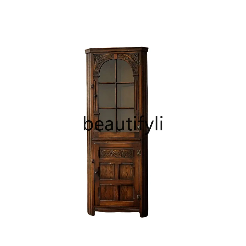 

Solid wood, glass door carved side cabinet French triangular storage cabinet