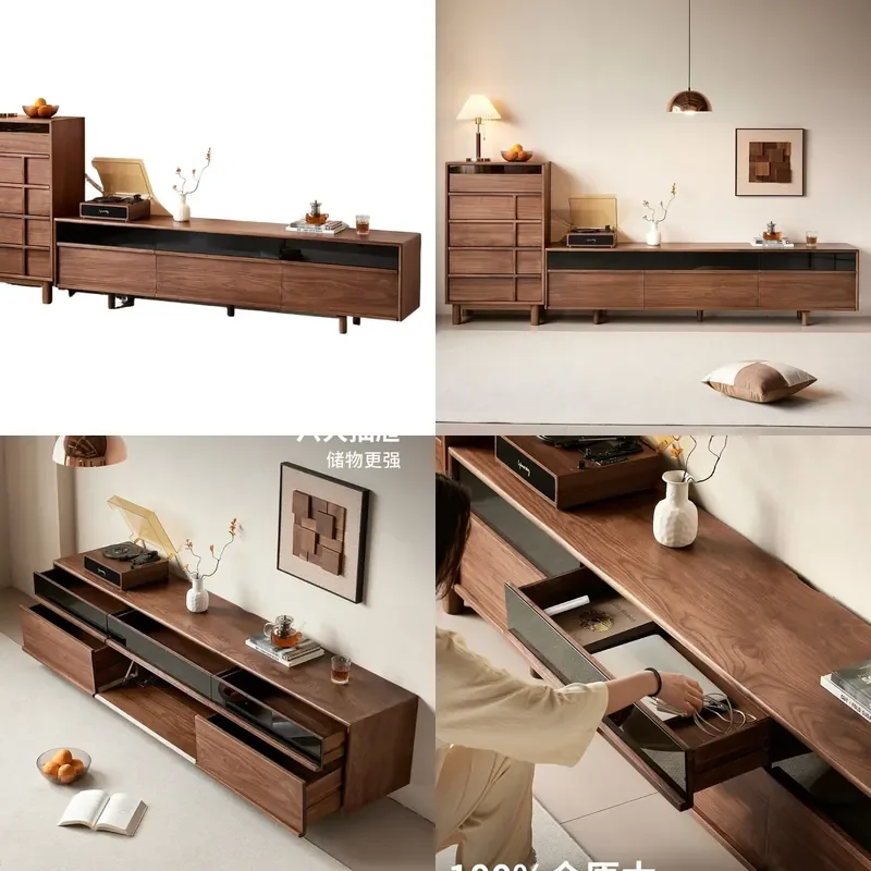 for North American Black Walnut Pure Solid Wood TV Cabinet Living Room Storage Medieval Skeleton Line Floor Cabinet