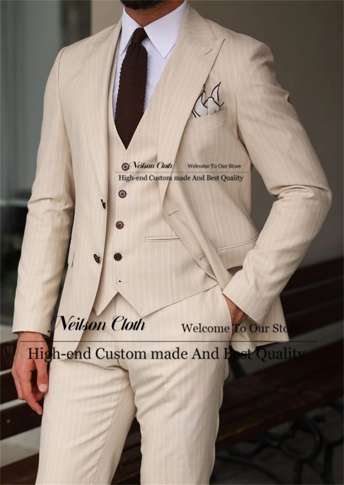 

Мужские приталенные пиджаки в полоску, комплект из 3 предметов, с заостренными лацканами, свадебные смокинги для жениха и шаферов, индивидуальный пошив, Terno Masculino