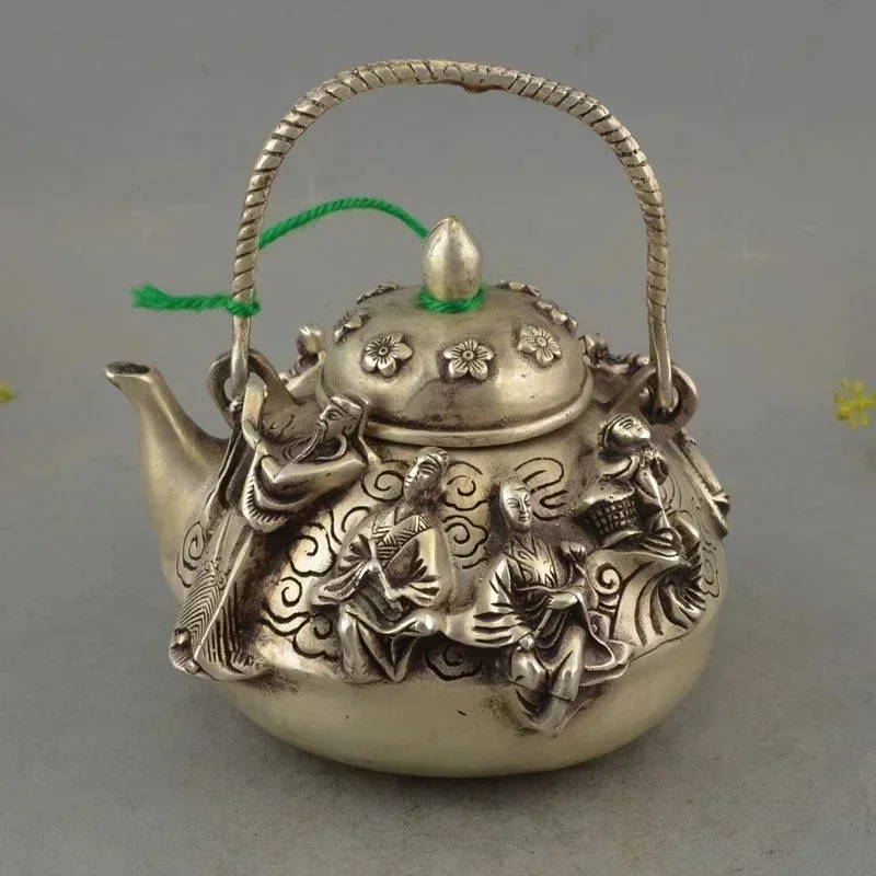 Vintage excellent Old Statue tibet silver carved immortal teapot