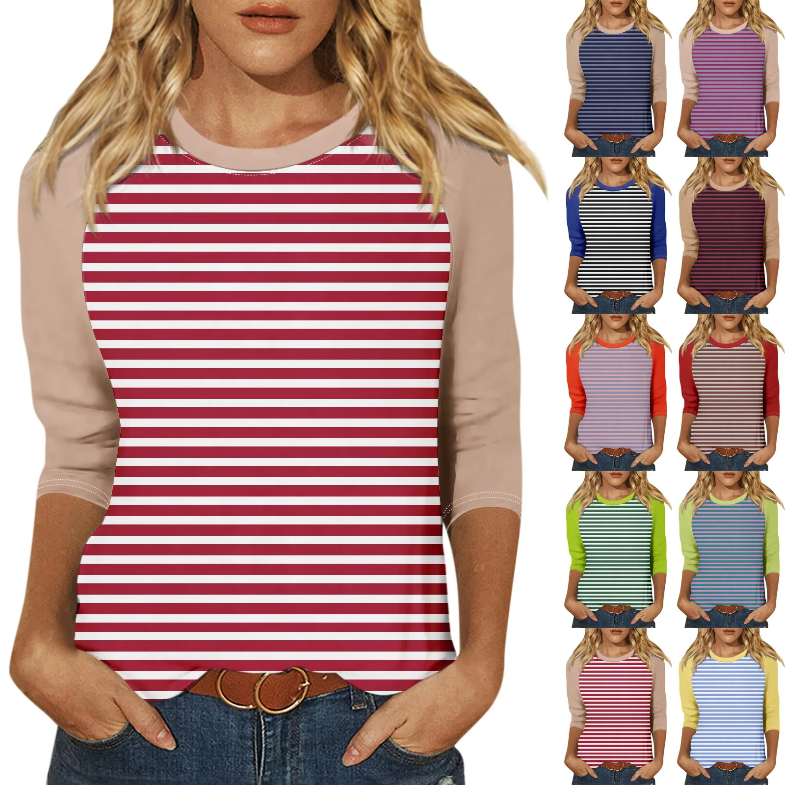 تي شيرت نسائي كاجوال بأكمام رجلان ، رقبة مستديرة ، توبات بأكمام ، ربط مخطط فضفاض ، أساسي يومي ، موضة جديدة