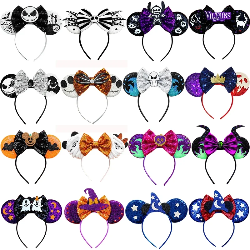 Disney Halloween Hair Bands For Women Cosplay Bat Skeleton Headbands Girl Mickey Ears Hairband Kids Sequins Bow Hair Accessories