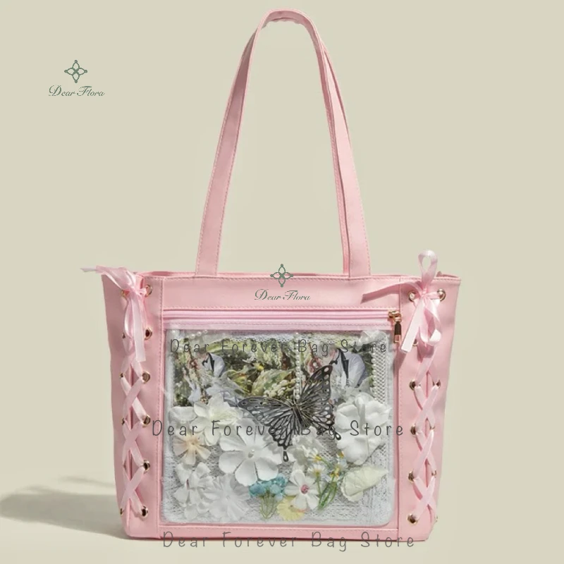 Y2k Japanese Style Ita Bag Women Large Capacity Tote Bag Fashion Girls Transparent Shoulder Bag Cute PU Ribbon Bow Handbag Purse