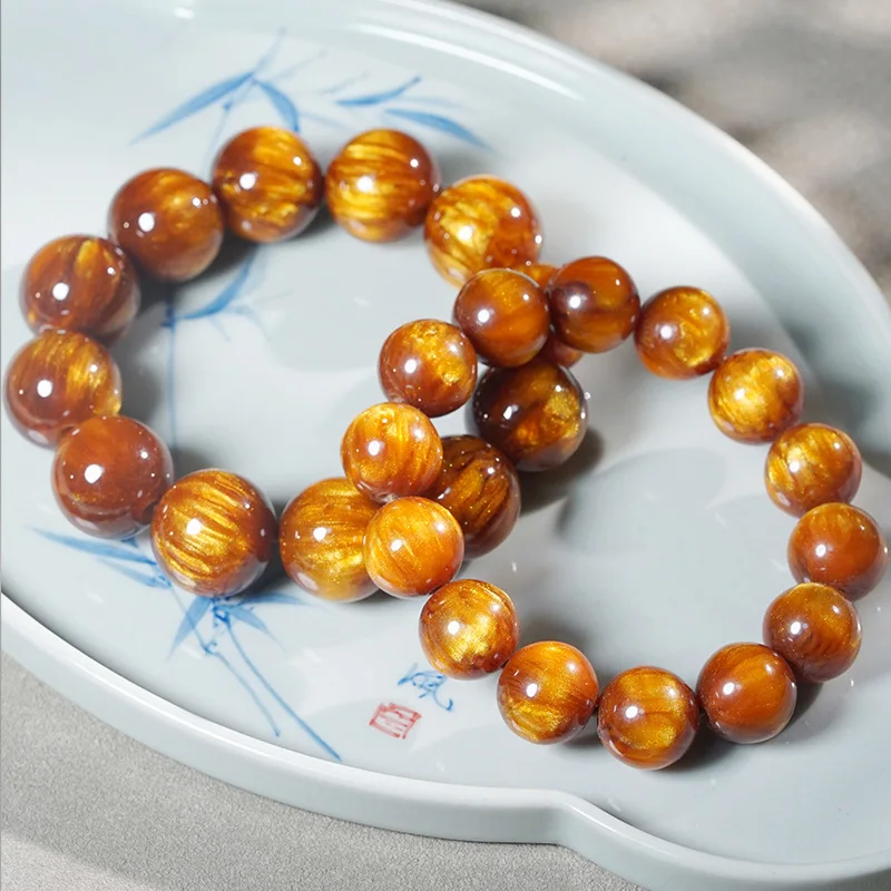 Grain-patterned golden sea cypress bracelet, Buddhist , collectible item, couple's prayer beads, second-generation p