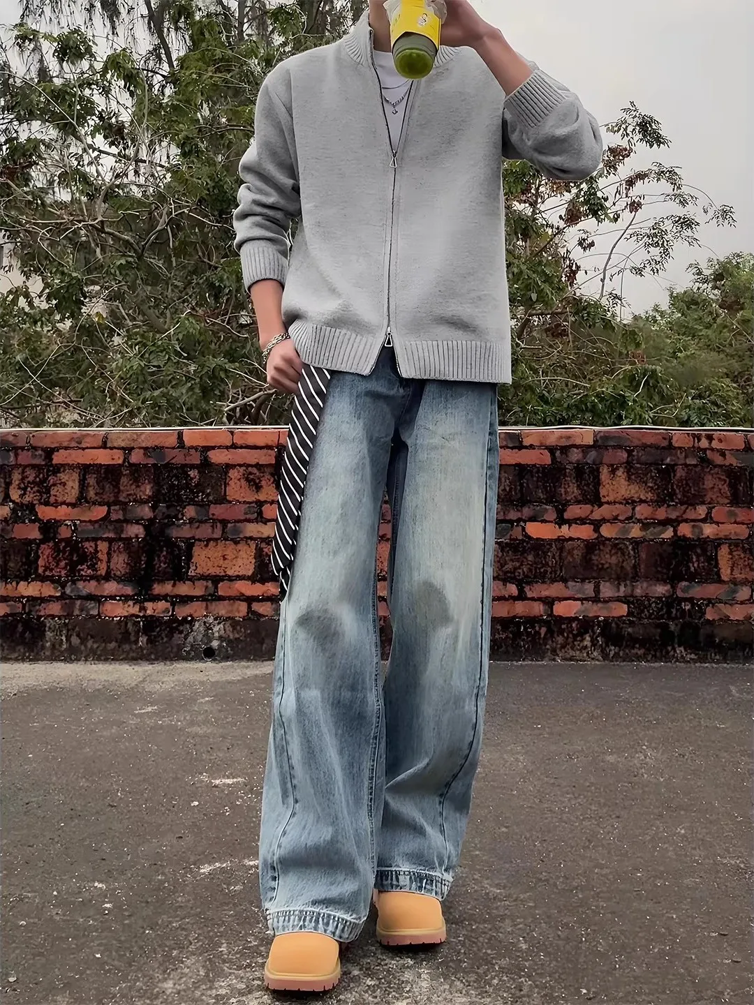 

Cleanfit Bamboo Node Micro Flared Jeans Men's American Retro Loose Straight Leg Denim Pants Youth Trendy Winter Casual Trousers