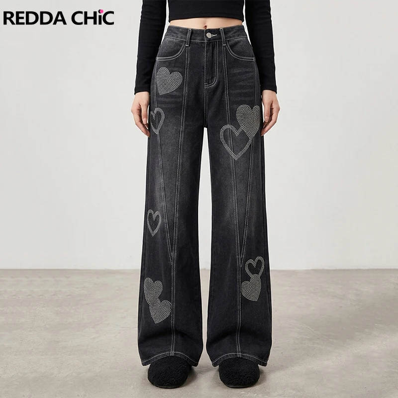 

REDDACHiC Diamond Heart Women Baggy Jeans Harajuku Vintage Wash Black High Rise Casual Stitch Wide Leg Denim Pants Streetwear