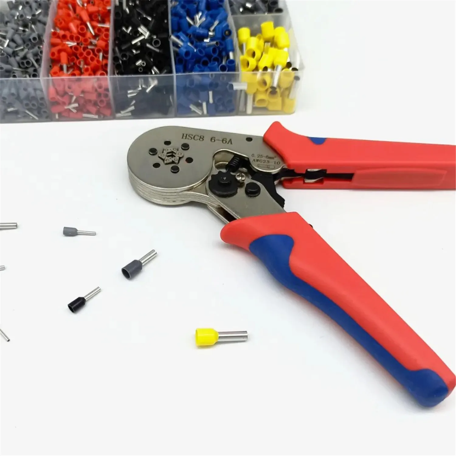 مجموعة أدوات المكشكش HSC8 6-6A مجموعة كماشة العقص ذاتية الضبط مع 1900 قطعة محطات الأسلاك المعزولة 0.25-6mm2 23-10 AWG أزرق
