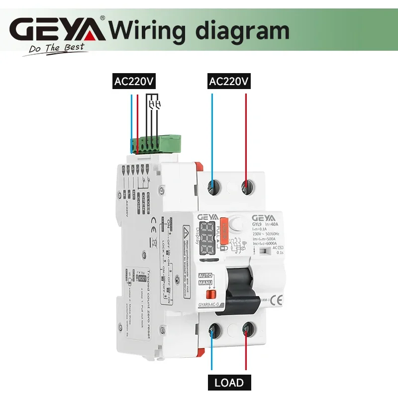 GEYA Smart RCCB (Self-Reclosing, 2P 40A, 10s/60s/300s Digital Display)