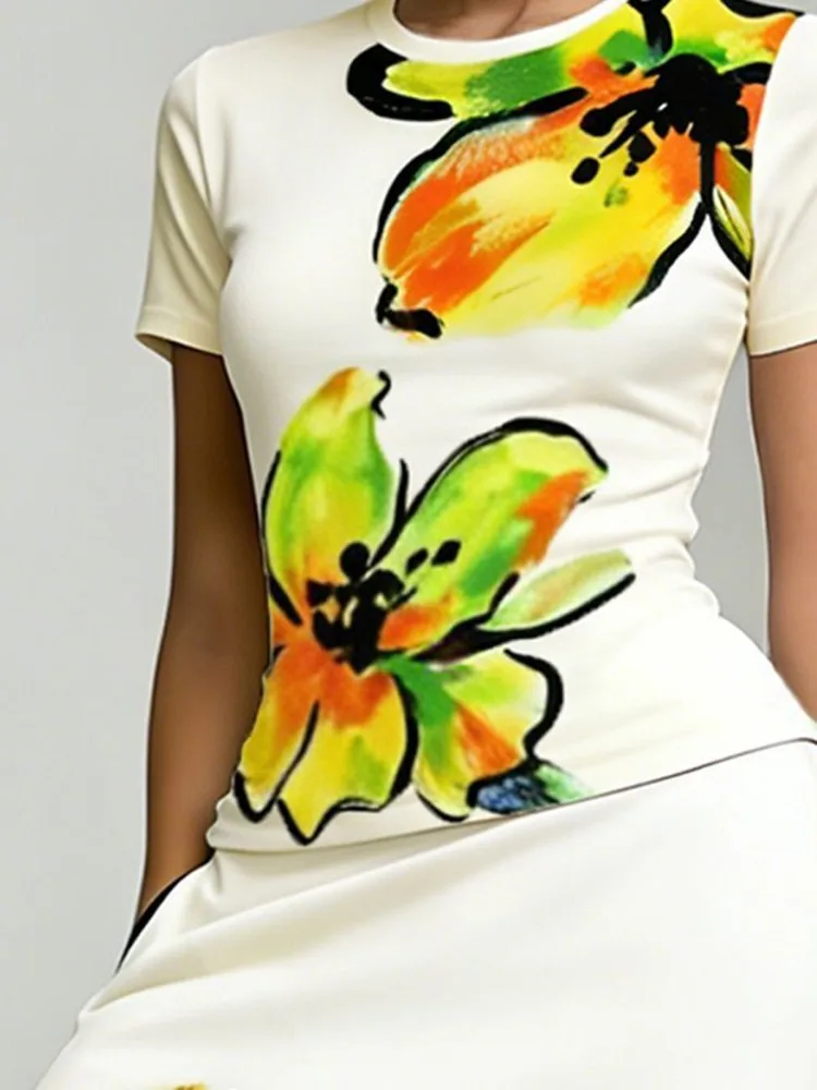 Yeezzi Damen-T-Shirt mit elegantem Blumenmuster und Rundhalsausschnitt, 2026, neue kurze Ärmel, schmale Passform, lässige T-Shirts, passende Oberteile für Damen – Detail 10
