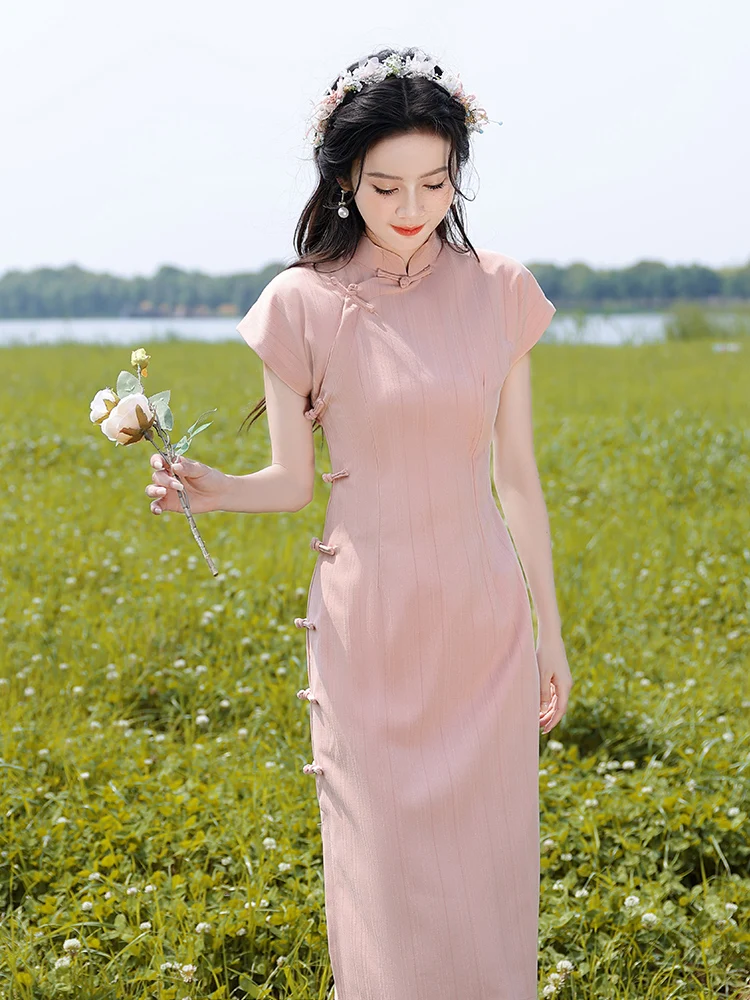 

Retro Sle Young Women's Pink Chiffon Dr Traditional Method Mid-Length Skirt ort Sve Low Slit Daily Wear