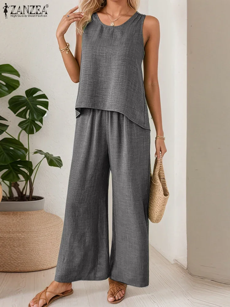 

ZANZEA Casual Two-piece Outfits Women Sets Lace Hollow Out Tops Vintage Wide Leg Pants Solid Color 2025 Oversized Matching Sets