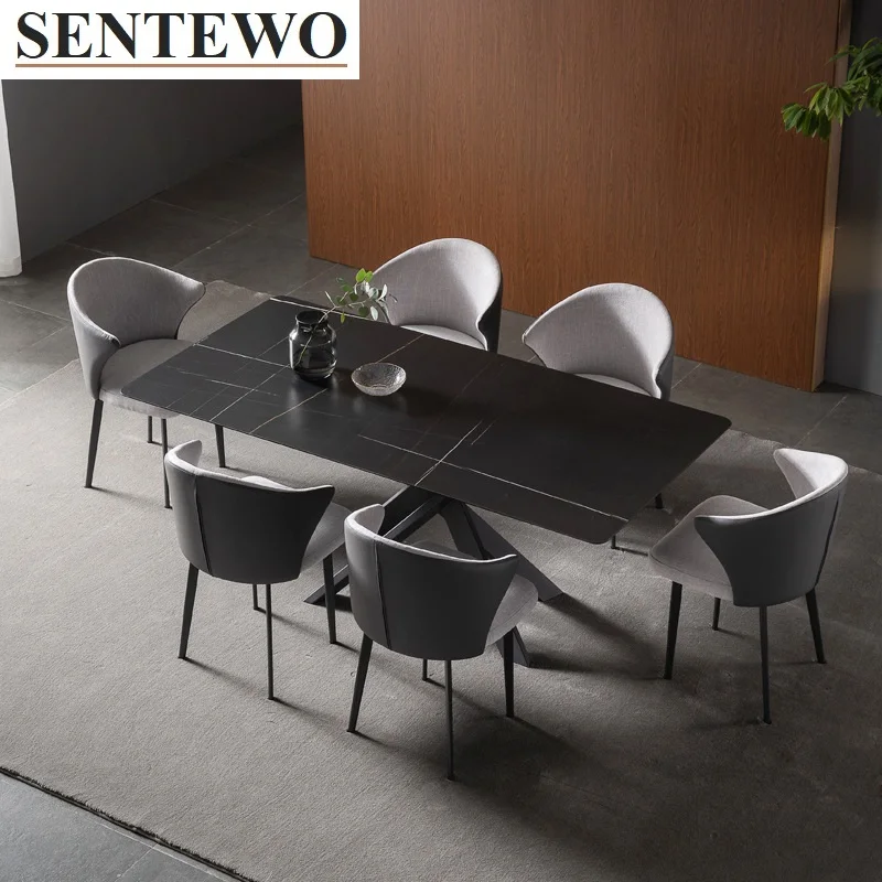 

SENTEWO Ltalian Rock Slab Dining Table With 4 Dinning Chairs Carbon Steel Base Faux Marble Table Dinner Chair Set Basse Marbre