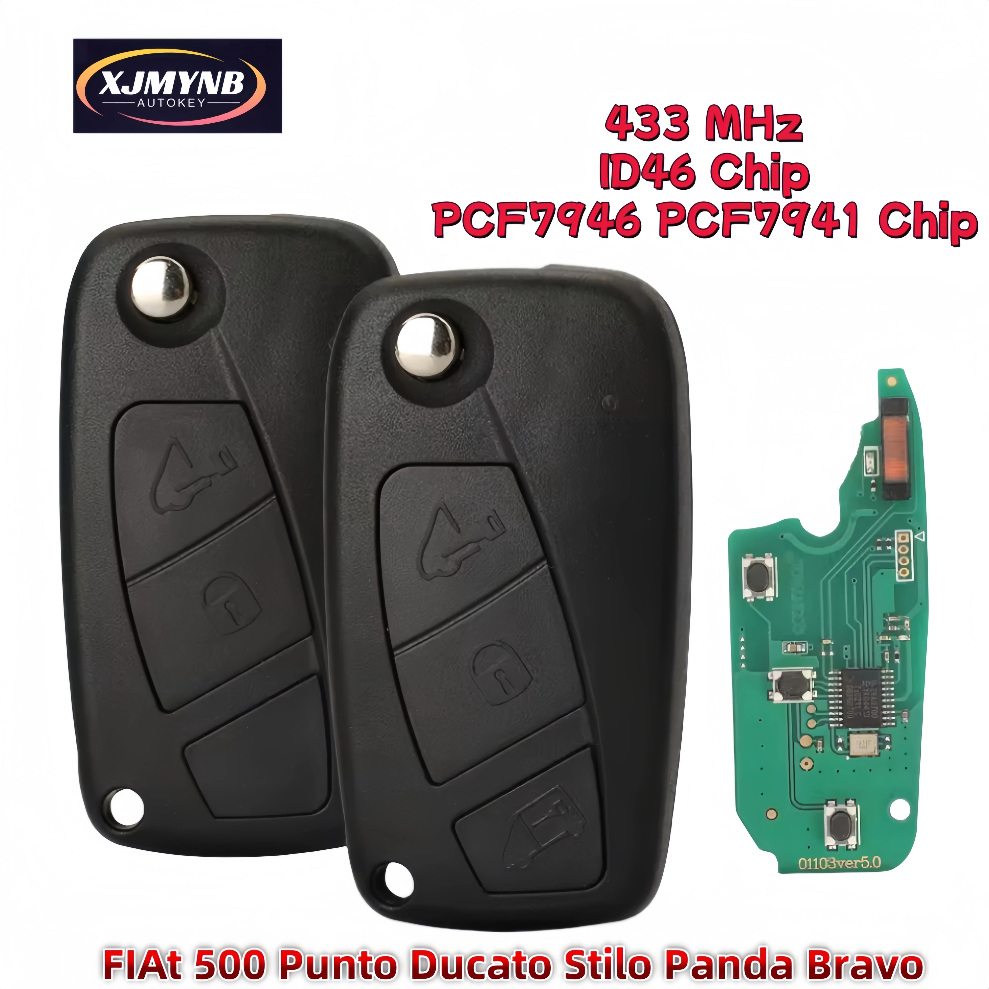 XJMYNB 433mhz ID46 PCF7946 PCF7941 Chip for FIAt 500 Punto Ducato Stilo Panda Bravo Fob 2/3 Buttons Flip Remote Smart Car Key