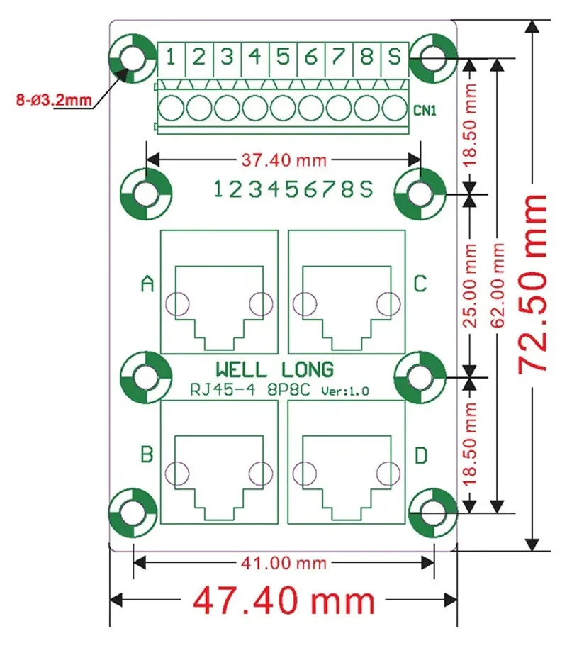 DIN Rail Mount Network Interface Module RJ45 8P8C Vertical Jack 4-Way With shielding Buss Breakout Board, Terminal Block, Connec