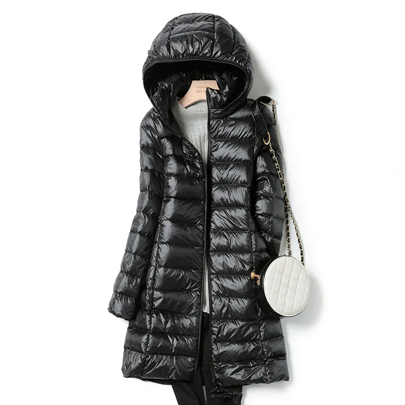 Parka justa com capuz para mulheres, casacos na moda, jaquetas longas, casaco fino claro, jaqueta puffer coreana, inverno 2021