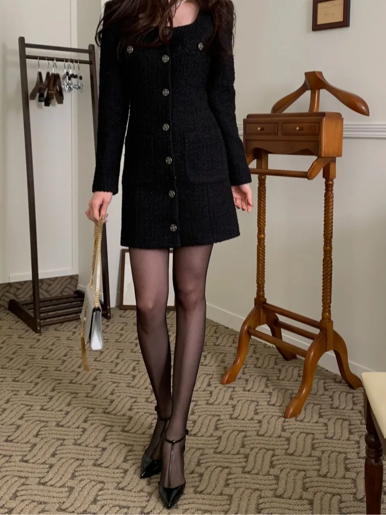 Шикарный дизайн с металлическими пуговицами Long Sve Coarse Tweed Dr Ele с квадратным воротником, однорядный дизайн на пуговицах, женский Dr