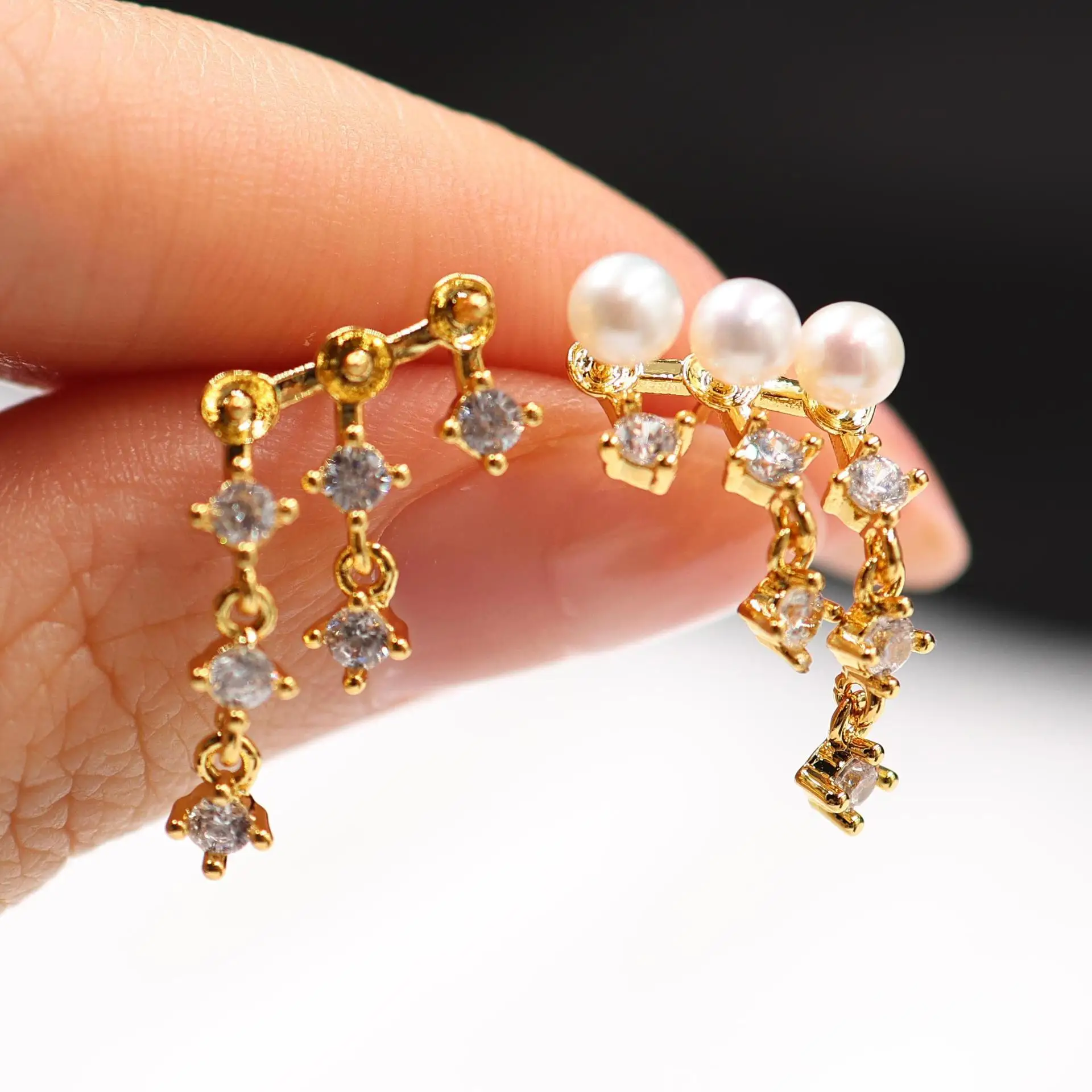 Gold Plated Brass Full CZ Snowball S925 Silver Needle Base Women DIY Pearl Dangle Earring Supplies French Style For 8-14mm Pearl