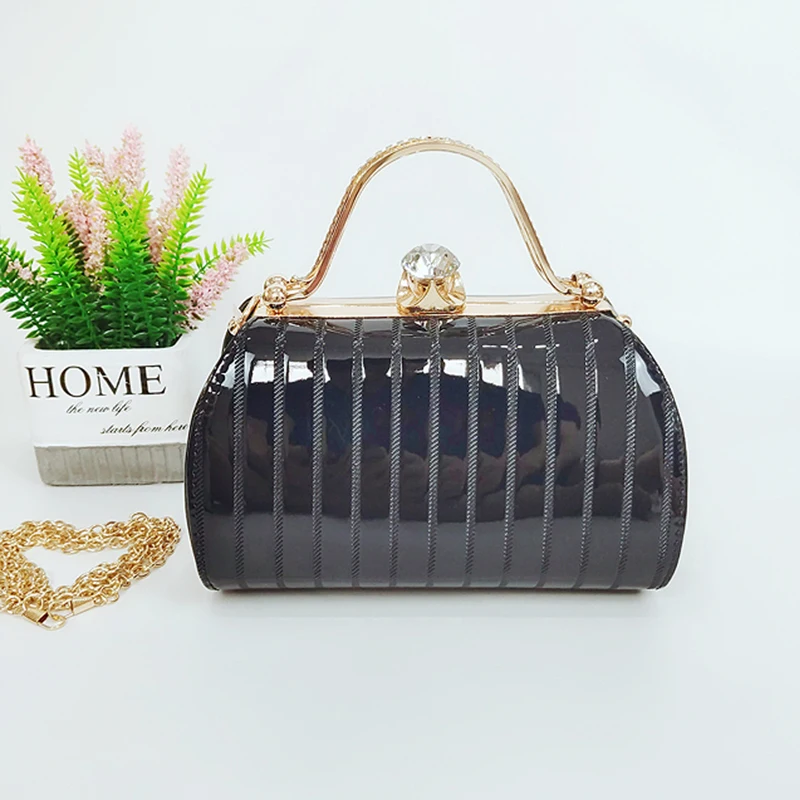 Luxury PU Leather Women Party Evening Bag Ornament Metal High End Rhinestone Clutch Purses Gold Lady Stripe Handbags