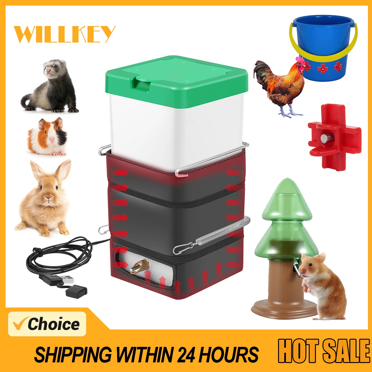 Heated Water Bottle for Rabbit Automatic Thermostatic Rabbit Water Dispenser USB Hamster Water Bottle Chicken Drinker Feeder