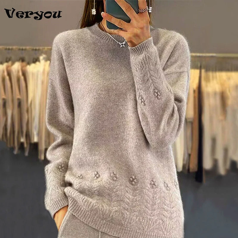

Autumn Winter Women Sweater O Neck Long Sleeve Knitted Sweaters For Women Solid Color Jacquard Casual Knitwear Pullover Tops