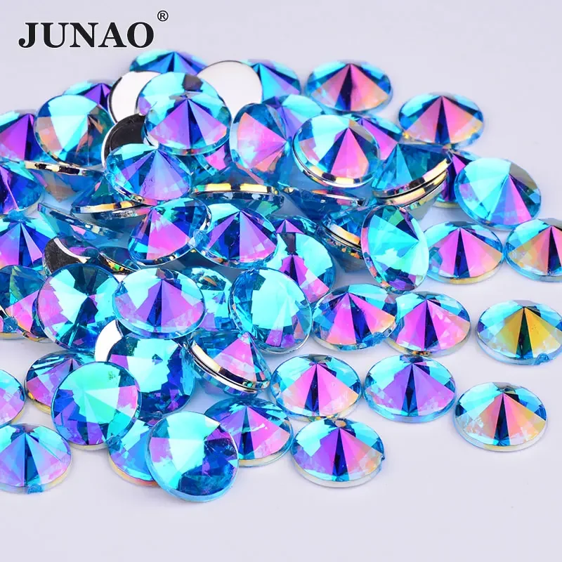 JUNAO 4mm 5mm 6mm 10mm Blue AB Flatback Rhinestone Round Rivoli Crystal Stones Acrylic Strass Appliques for DIY Nail Decoration